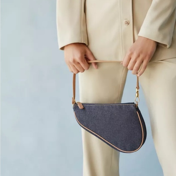 AUTH DIOR Y2K DARK DENIM & TAN LEATHER MINI SADDLE BAG VINTAGE EUC POUCHETTE - Picture 3 of 17
